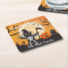 Porta-copo De Papel Quadrado Halloween Cat Grim Reaper