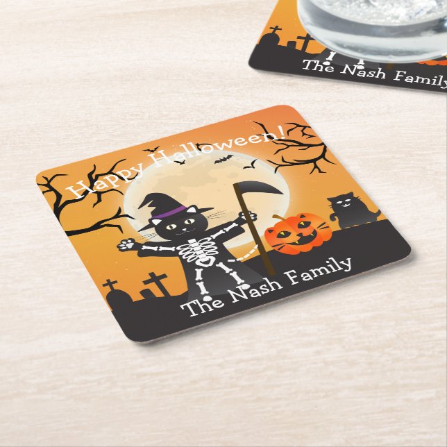 Porta-copo De Papel Quadrado Halloween Cat Grim Reaper (Inclinado)