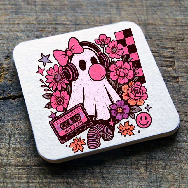 Porta-copo De Papel Quadrado Halloween de Bublegum Aestético Retro Ghost Girl (This ghost girl design mixes 90s aesthetic nostalgia with playful Halloween charm.)
