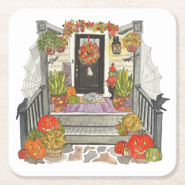 Porta-copo De Papel Quadrado Halloween House Cat (Frente)