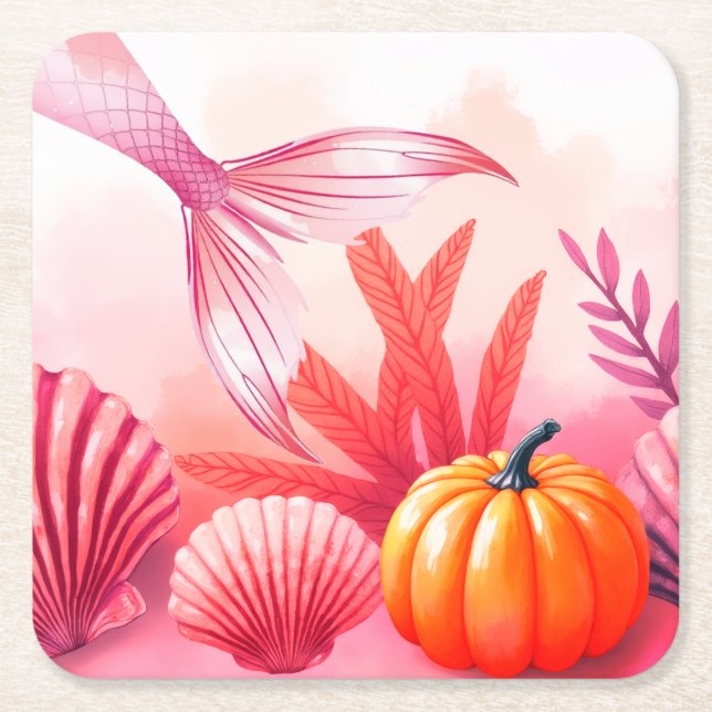 Porta-copo De Papel Quadrado Halloween Mermaid Pink  (Frente)
