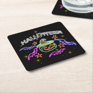 Porta-copo De Papel Quadrado Halloween Neon Look Pumpkin Hat Bats Party