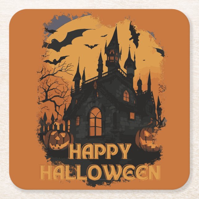 Porta-copo De Papel Quadrado Halloween-Schloss unter Mondlicht (Frente)