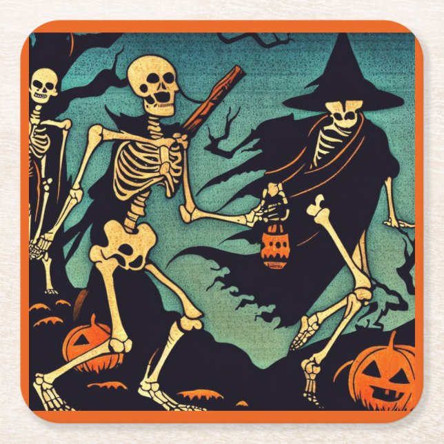 Porta-copo De Papel Quadrado Halloween - Skeletons Woodcut 2 (Frente)