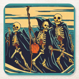 Porta-copo De Papel Quadrado Halloween - Skeletons Woodcut 3