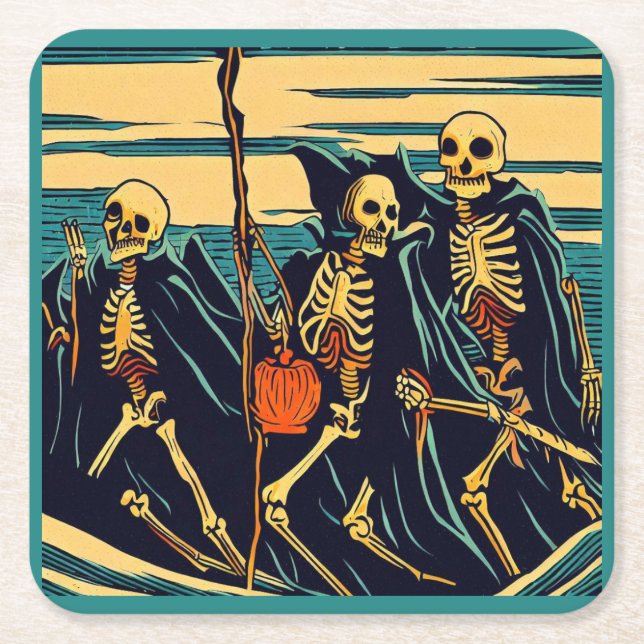 Porta-copo De Papel Quadrado Halloween - Skeletons Woodcut 3 (Frente)