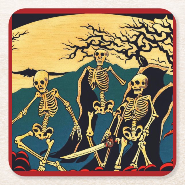 Porta-copo De Papel Quadrado Halloween - Skeletons Woodcut 4 (Frente)