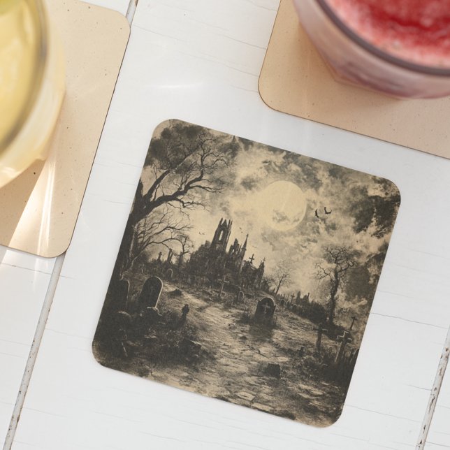 Porta-copo De Papel Quadrado Halloween Vintage Graveyard Tombstone (Criador carregado)