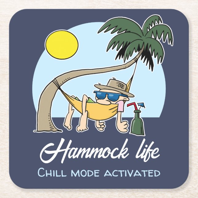 Porta-copo De Papel Quadrado Hammock Life Chill Mode Ativado Cartoon Engraçado (Frente)