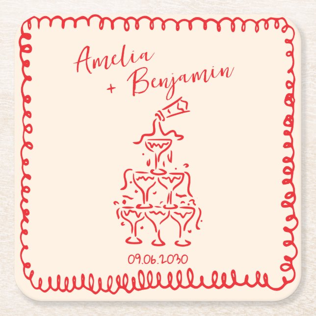 Porta-copo De Papel Quadrado Handwritten  retro Champagne Tower Wedding  (Frente)