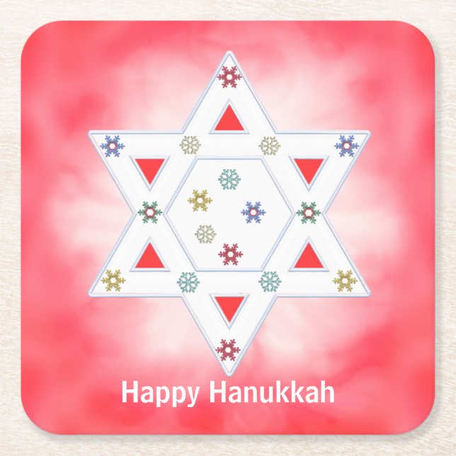 Porta-copo De Papel Quadrado Hanukkah Star e Snowflakes Red (Frente)