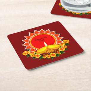 Porta-copo De Papel Quadrado Happy Diwali 20xx Adicionar Ano ou Texto Marigolds