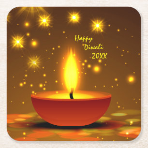 Porta-copo De Papel Quadrado Happy Diwali 20xx Diya Yellow Flame Sparkles