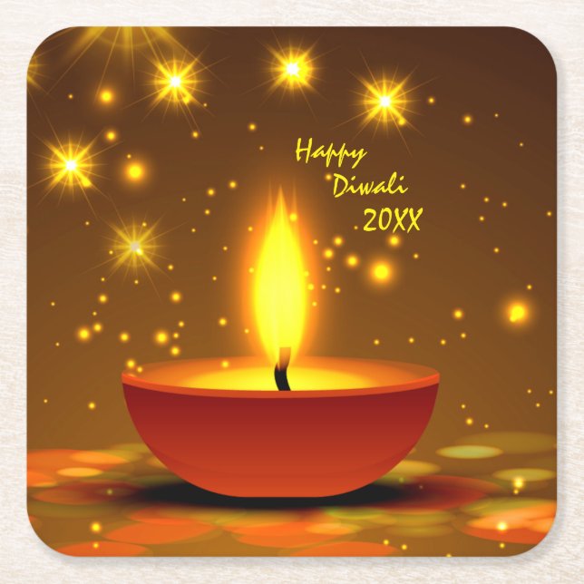 Porta-copo De Papel Quadrado Happy Diwali 20xx Diya Yellow Flame Sparkles (Frente)