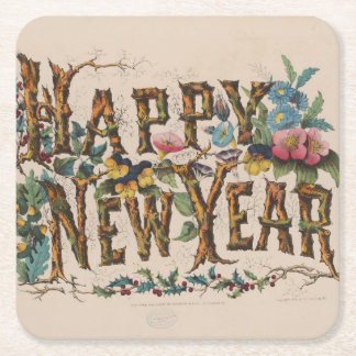 Porta-copo De Papel Quadrado Happy New Year, Vintage Currier & Ives Print