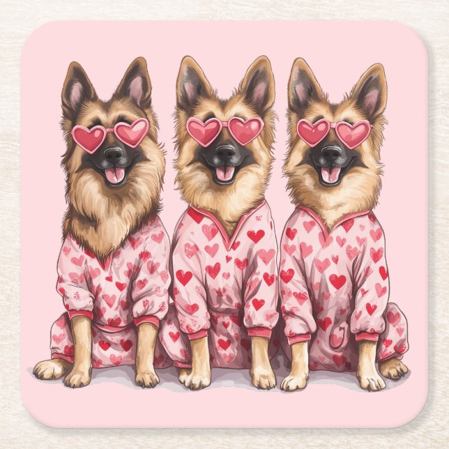 Porta-copo De Papel Quadrado Happy Valentines Day German Shepherd Dogs (Frente)