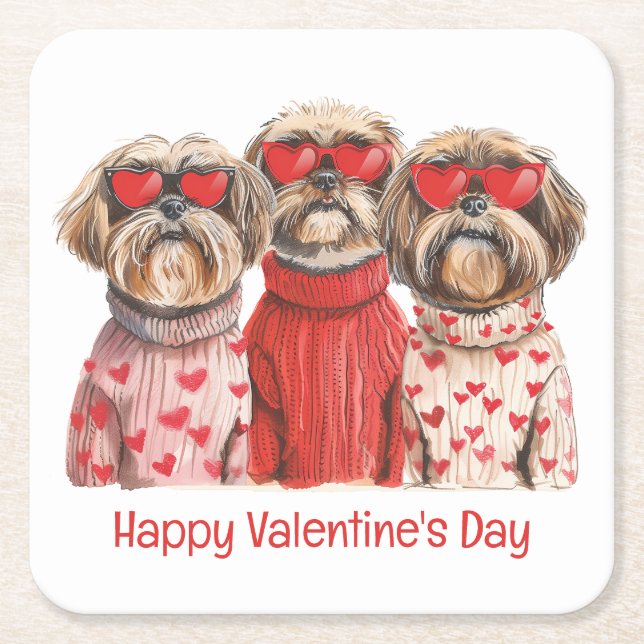 Porta-copo De Papel Quadrado Happy Valentines Day Shih Tzu Dogs (Frente)