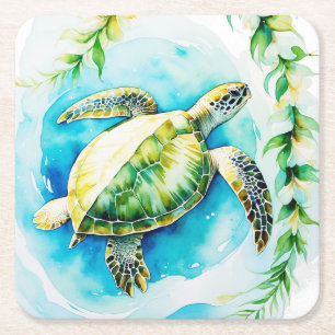 Porta-copo De Papel Quadrado Havaiana Honu com Plumeria & Maile Watercolor