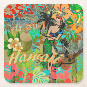 Porta-copo De Papel Quadrado Hawaii Flower Hula Vintage - Gráfico Floral