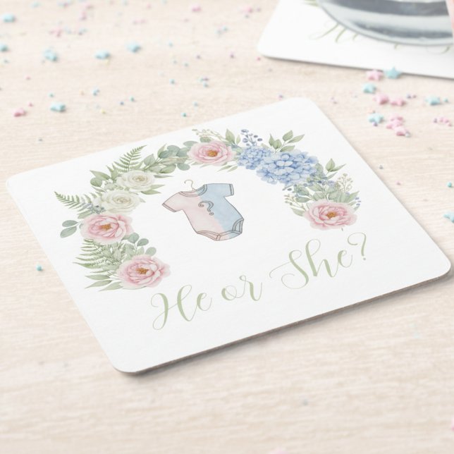 Porta-copo De Papel Quadrado He or She? Botanical Gender Reveal (Gender reveal party drink coaster)
