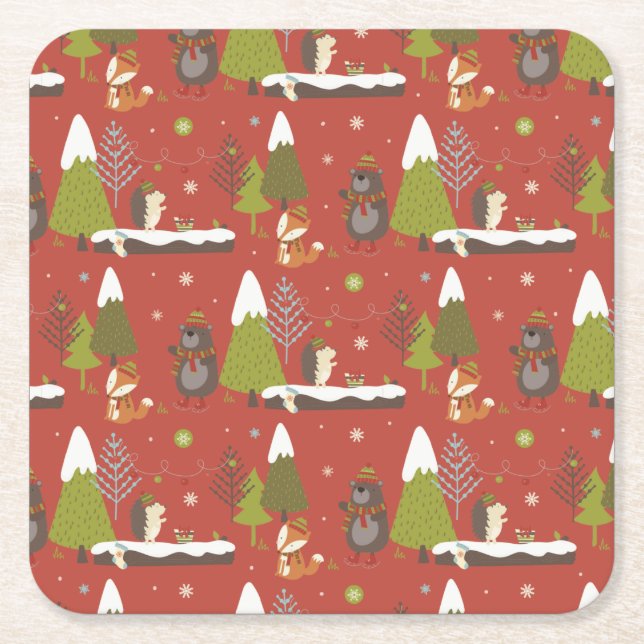 Porta-copo De Papel Quadrado Hedgehog e Winter Bear Christmas (Frente)