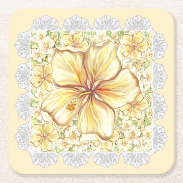 Porta-copo De Papel Quadrado Hibiscus & lace AMARELO (Frente)