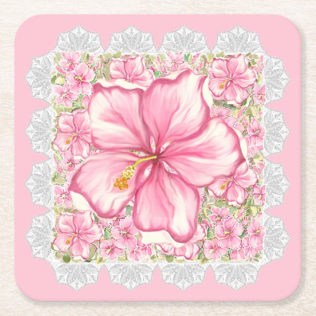 Porta-copo De Papel Quadrado Hibiscus & Lace PINK (Frente)
