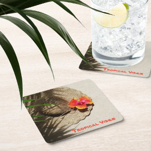 Porta-copo De Papel Quadrado Hibiscus Tropical Vibes Palha Chapéu