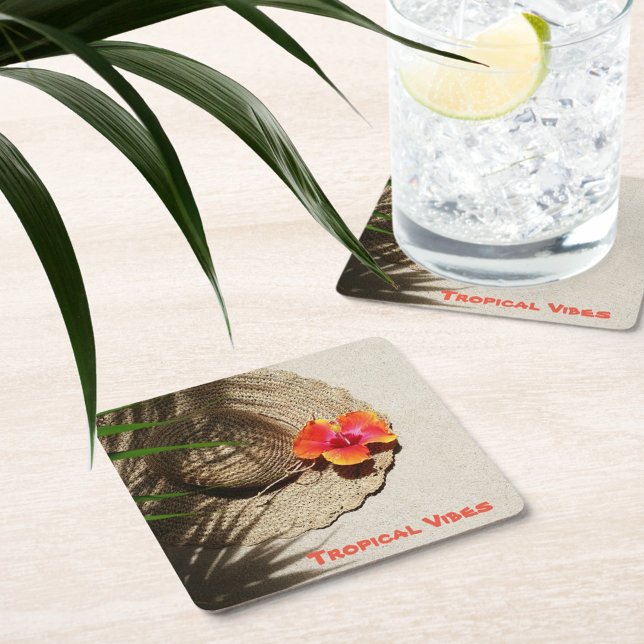 Porta-copo De Papel Quadrado Hibiscus Tropical Vibes Palha Chapéu (Criador carregado)