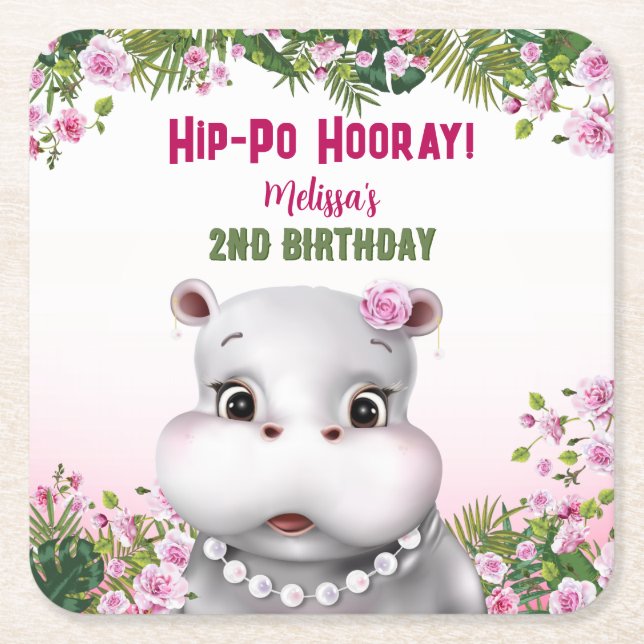 Porta-copo De Papel Quadrado Hippo Pink Floral Girl Birday (Frente)