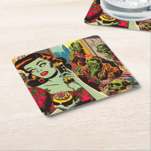 Porta-copo De Papel Quadrado Histórias em Quadrinhos de Terror Antigo de Zumbi