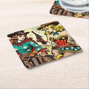 Porta-copo De Papel Quadrado Histórias em quadrinhos Vintage Western Cowgirl