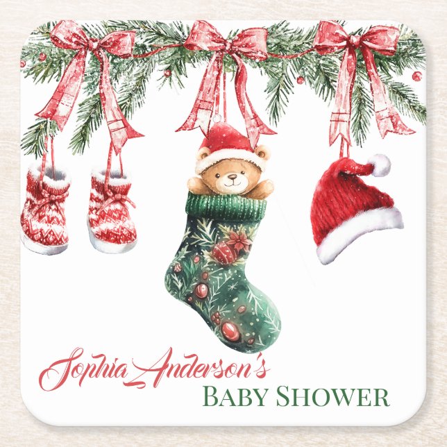 Porta-copo De Papel Quadrado Holiday Teddy Bear Design (Frente)