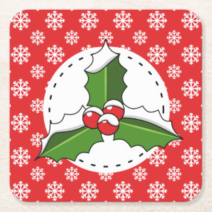 Porta-copo De Papel Quadrado Holly Berry sobre Padrões de Neve Brancos Vermelho