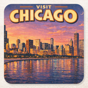 Porta-copo De Papel Quadrado Horizonte de Chicago e Lago Michigan à noite