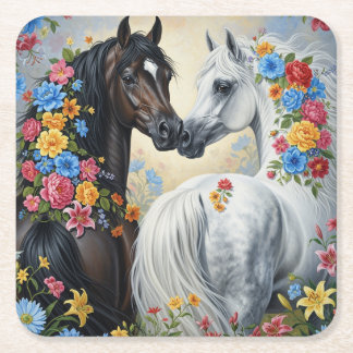 Porta-copo De Papel Quadrado  Horses framed in flowers Coaster