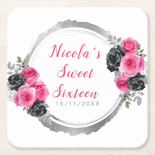 Porta-copo De Papel Quadrado Hot Pink and Silver Elegant Flowers Sweet Sixteen (Frente)