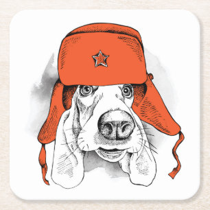 Porta-copo De Papel Quadrado Hound Basset Red Ushanka Hat