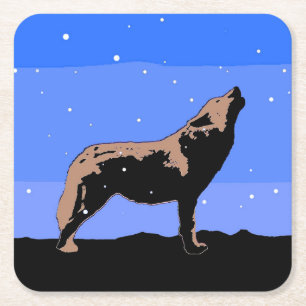 Porta-copo De Papel Quadrado Howling Wolf no inverno - Arte original sobre a vi