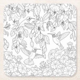 Porta-copo De Papel Quadrado Hummingbird e Flores: Página de Coloração de Adult