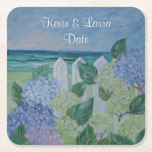 Porta-copo De Papel Quadrado Hydrangeas Pelo Casamento Da Praia (Frente)