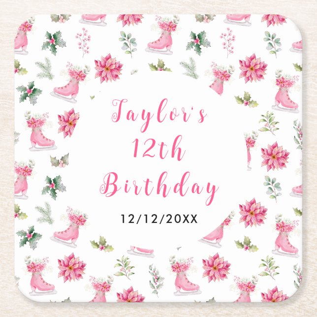 Porta-copo De Papel Quadrado Ice Skating Birthday Party Pink (Frente)