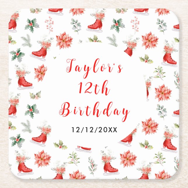 Porta-copo De Papel Quadrado Ice Skating Birthday Party Red (Frente)