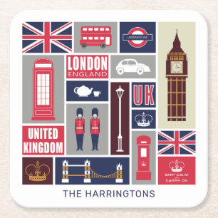 Porta-copo De Papel Quadrado Ícones do Reino Unido de Londres com nome personal