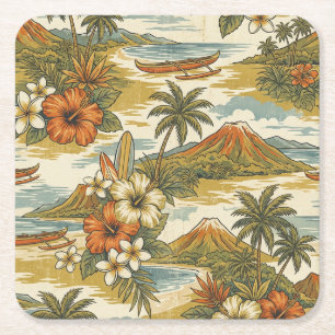 Porta-copo De Papel Quadrado Ilha do Hibisco Havaiano Cênico - Dourado e Laranj