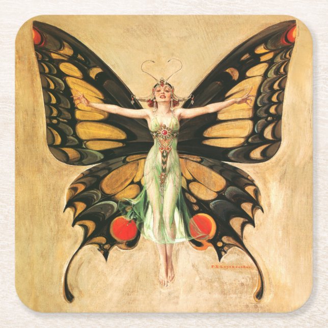 Porta-copo De Papel Quadrado Ilustração da Mulher Voadora Flapper Butterfly (Frente)