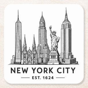 Porta-copo De Papel Quadrado Ilustração da Silhueta de Nova York com Estátua da