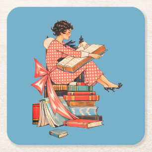 Porta-copo De Papel Quadrado Ilustração de Amante de Livros Antigos Lendo