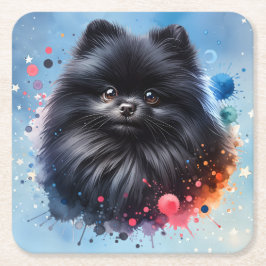Porta-copo De Papel Quadrado Ilustração de aquarela pomeraniana preta