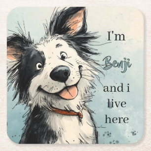 Porta-copo De Papel Quadrado Ilustração de Cachorro Sorridente com Nome Persona